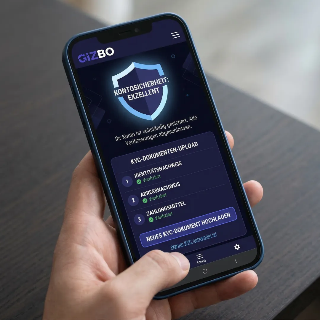 Gizbo Bewertung der Kontosicherheit mit KYC-Upload-Bereich