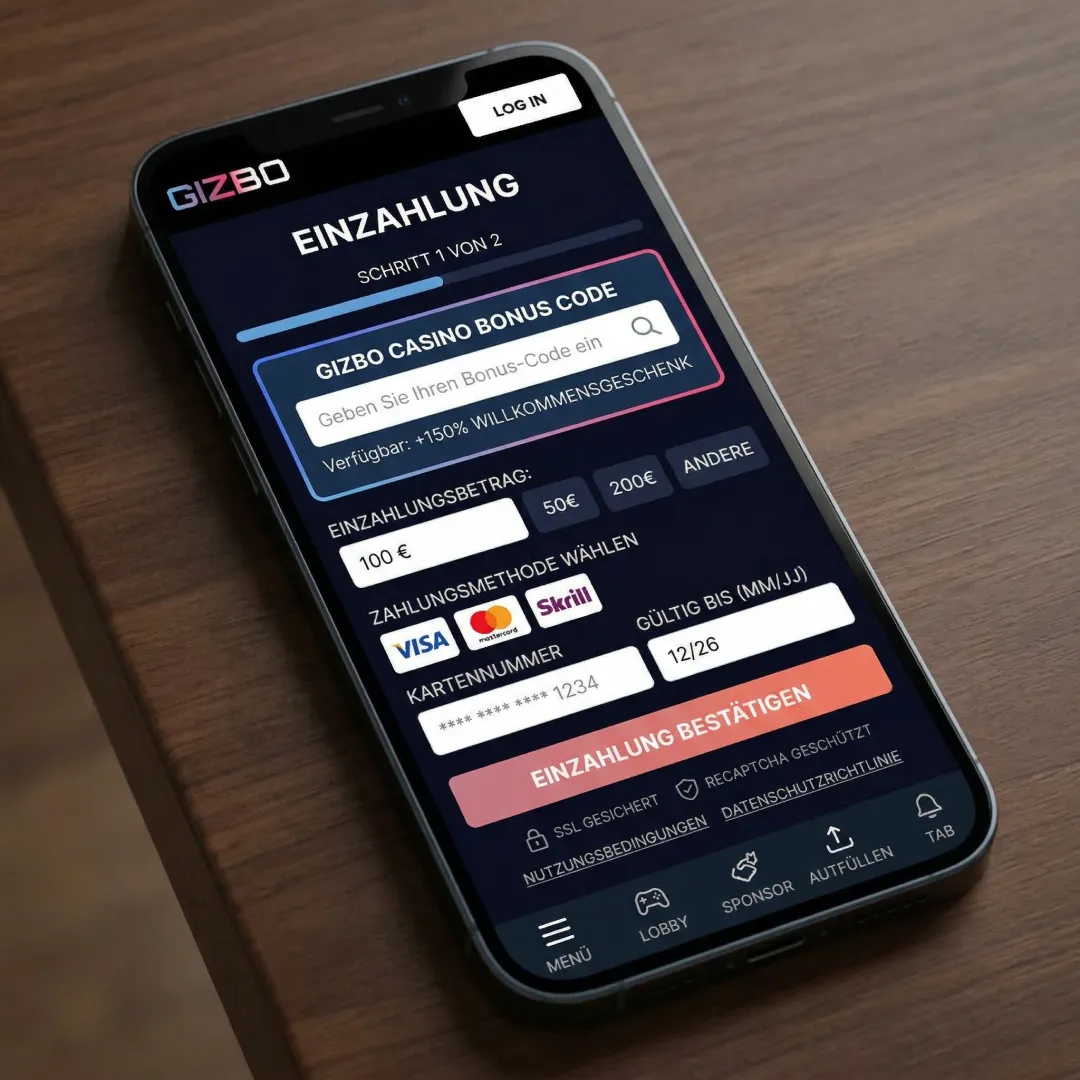 Gizbo Casino Bonus Code Eingabefeld bei der ersten Einzahlung