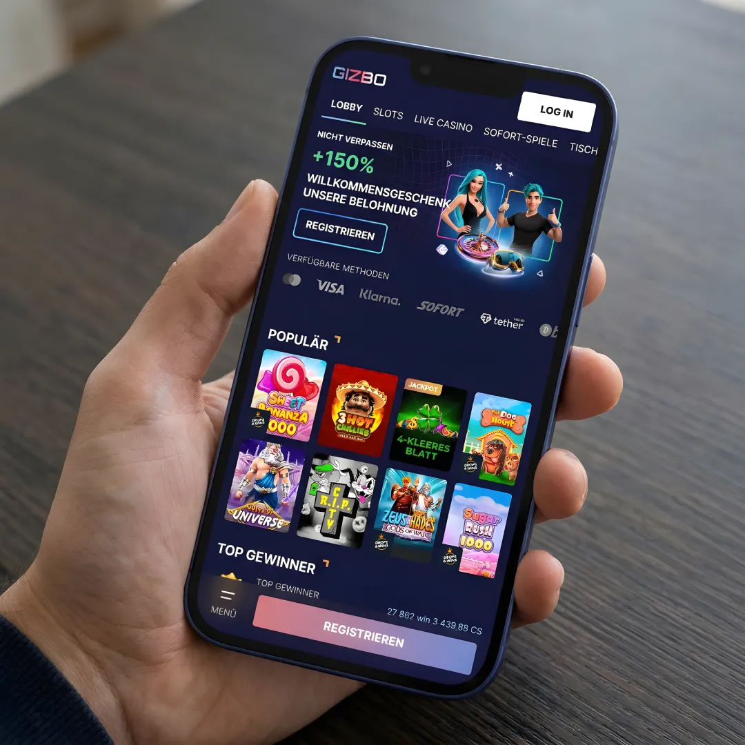 Gizbo Casino Startseite mit Willkommensbonus und Spielkategorien