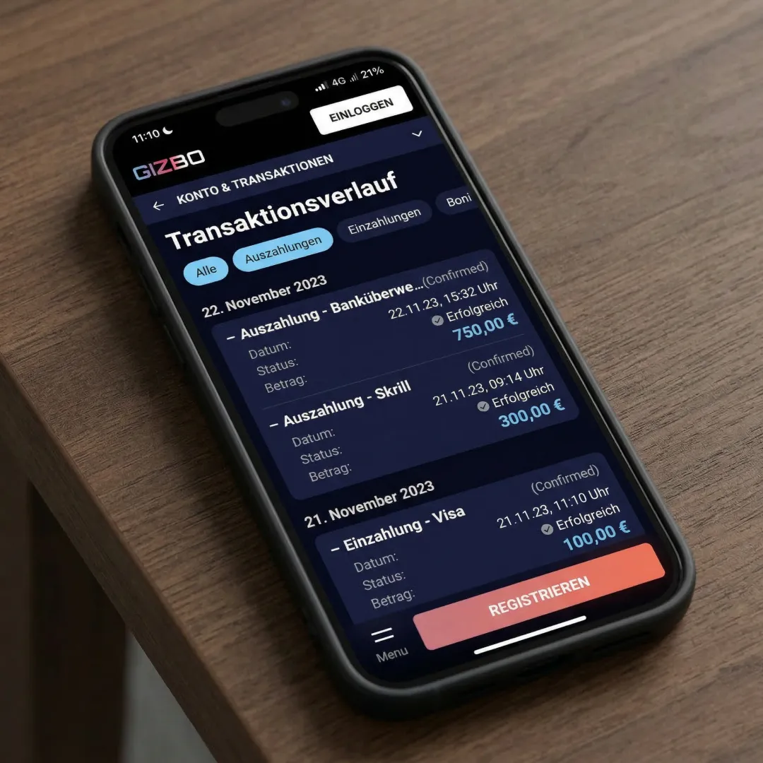 Gizbo Erfahrungen mit Auszahlung und Transaktionsverlauf im Konto