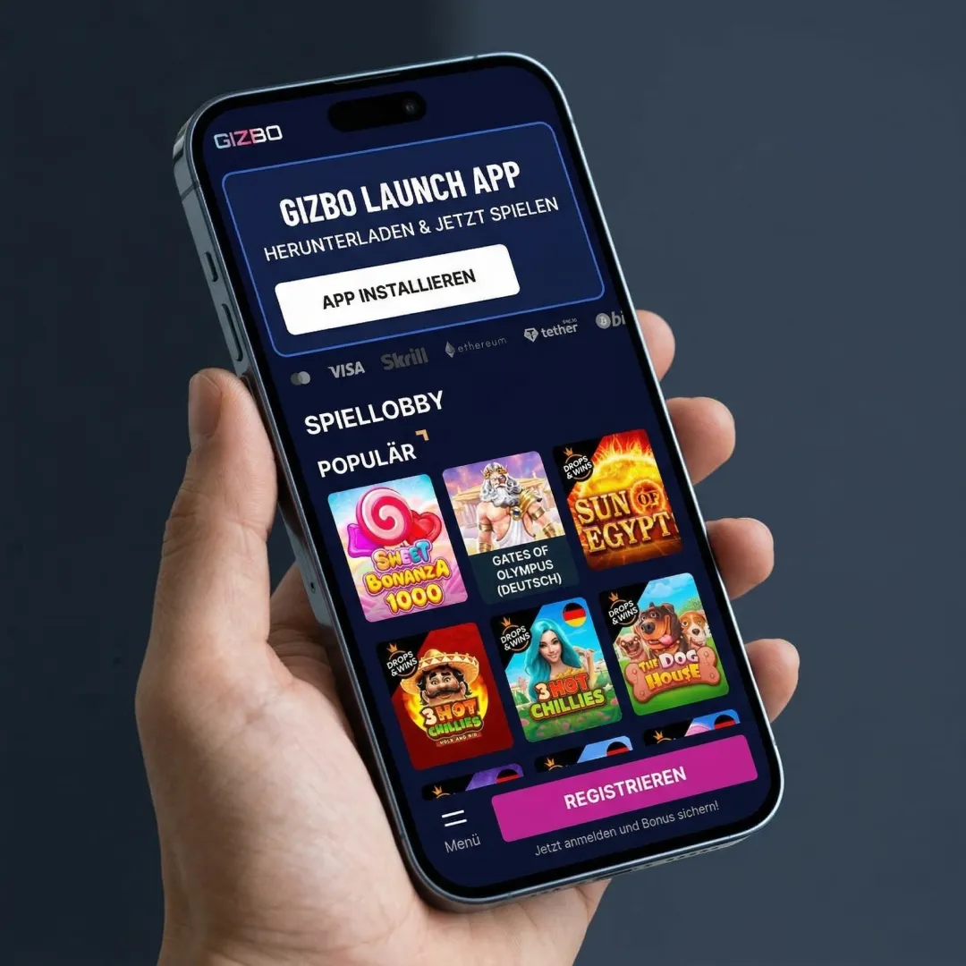 Gizbo Launch App auf einem Smartphone mit Spiellobby im Hochformat