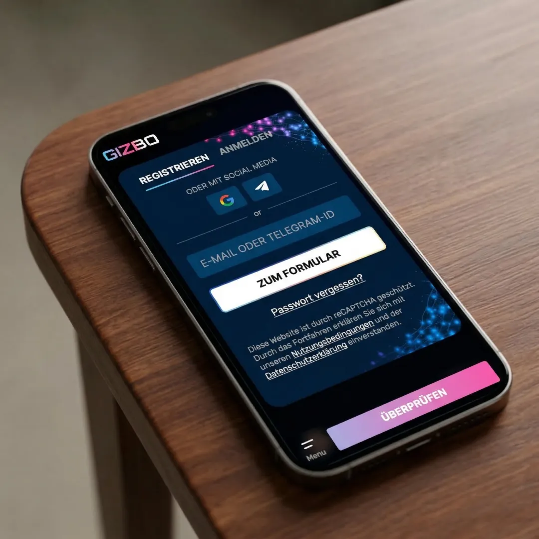 Gizbo Login Formular mit E-Mail-Registrierung und Telegram-Option