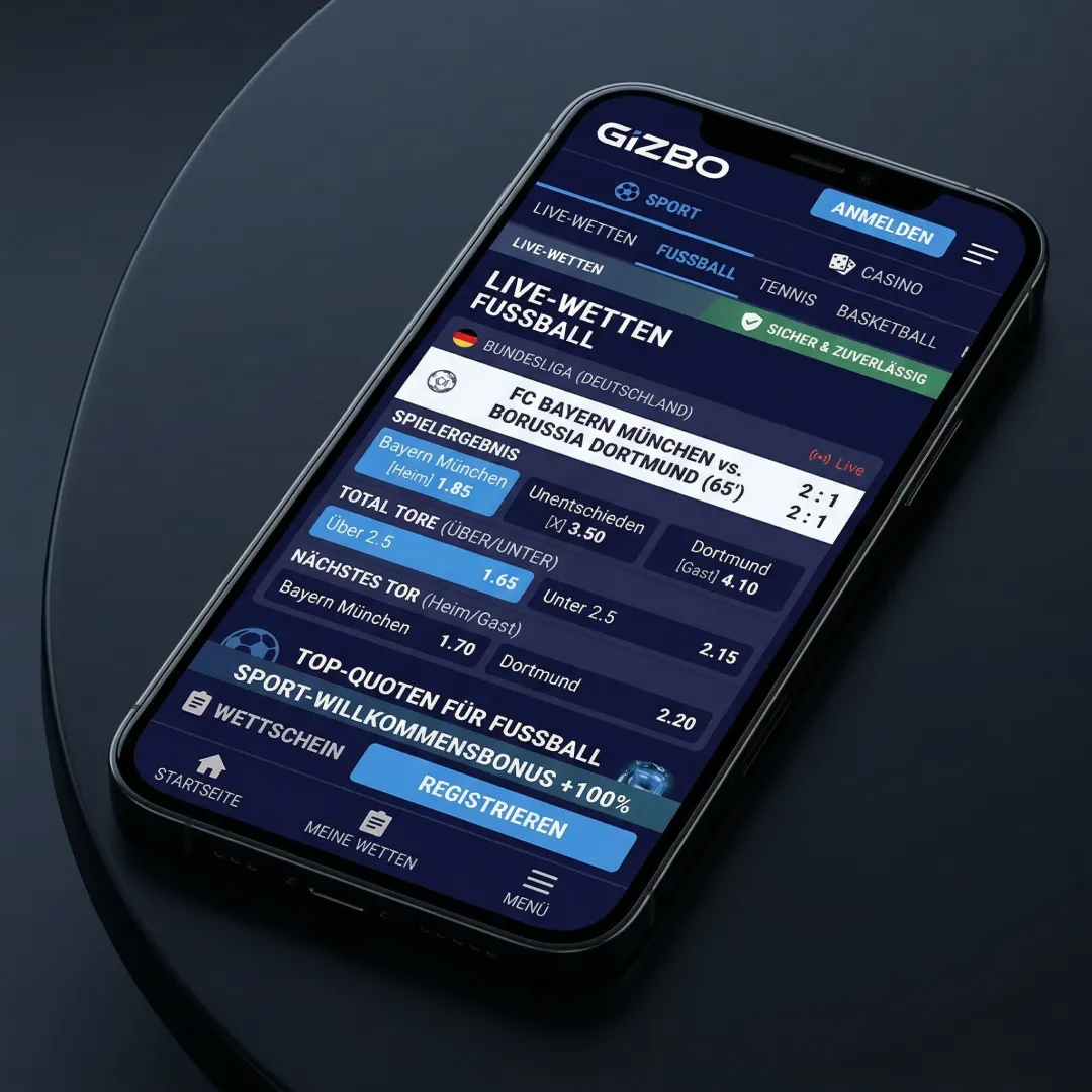 Gizbo Sportwetten Bereich mit Live-Wetten und Fussball-Quoten