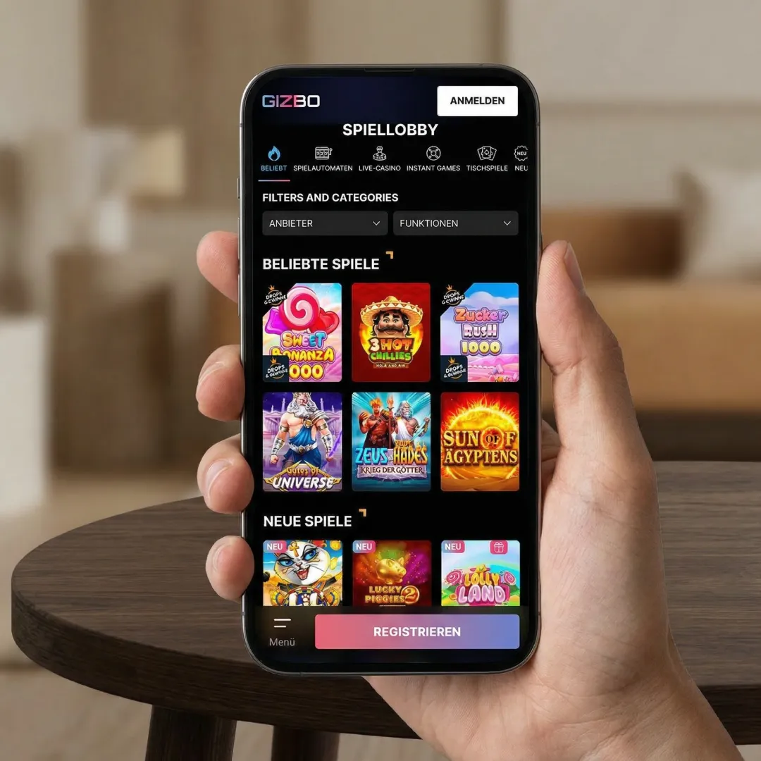 Gizbo Test der Spiellobby mit Filtern und Slot-Kategorien